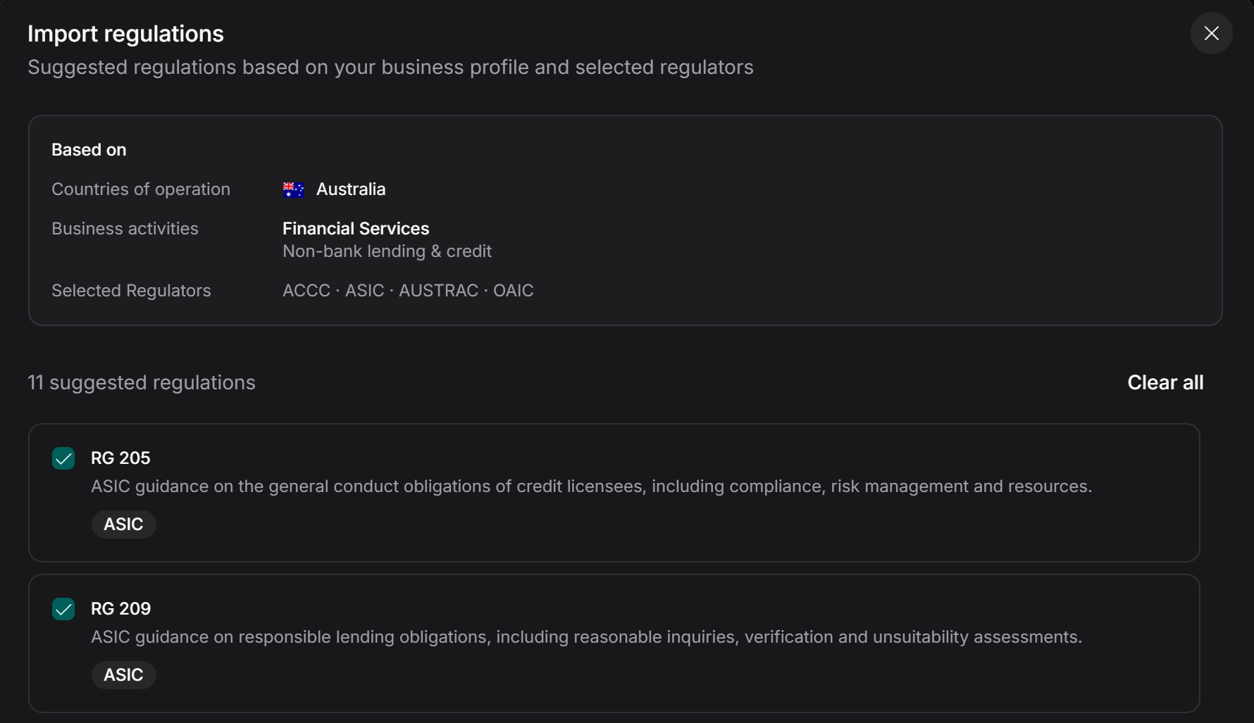 Helm suggesting regulations based on a business profile